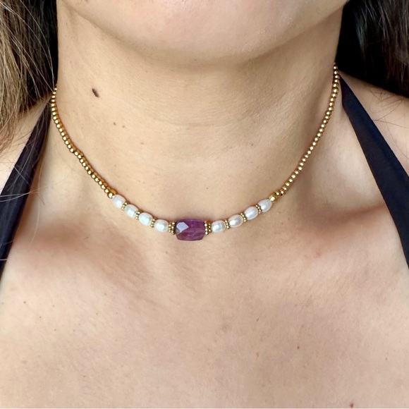 Delicate Pearl Gem Beaded Crystal Layer Necklaces - Purple Green Pearl Options - Picture 6 of 6